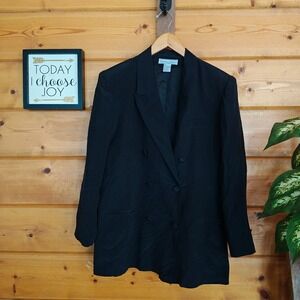 Stephanie‎ Andrews Vintage Black 100% Silk Double Breast Blazer Jacket Petite 14